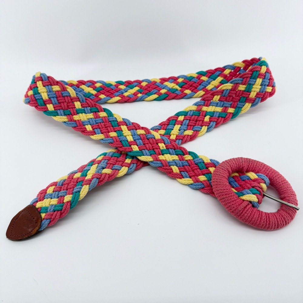 Vintage Multi Color Braided Belt Woven Pink Blue Yellow Boho Retro 37 Inch